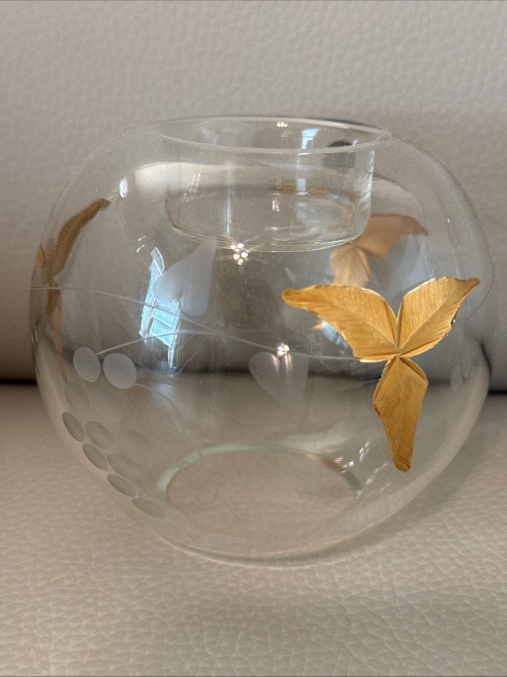 Clear Glass Globe candle holder partly 24k gold leaf etched grapevine